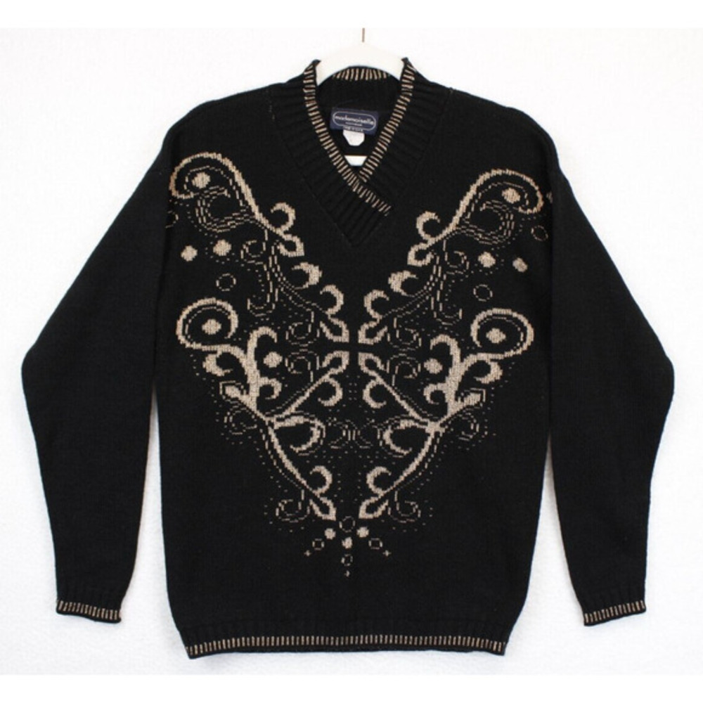Mademoiselle Sweater‎ Black Metallic Gold Crossover Neck Women S Long Sleeve
